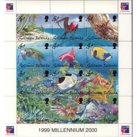 Wyspy Salomona - Nr 983 - 94  Klb 1999r - Ryby - Ptaki - Fauna morska