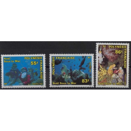 Polinezja Fr. - Nr 596 - 98 1991r - Boze Narodzenie - Fauna morska - Płetwonurek