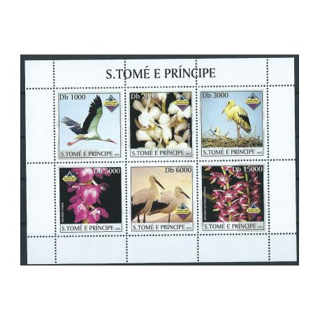 St. Tome - Nr 2079 - 84  2003r - Ptaki -  Kwiaty