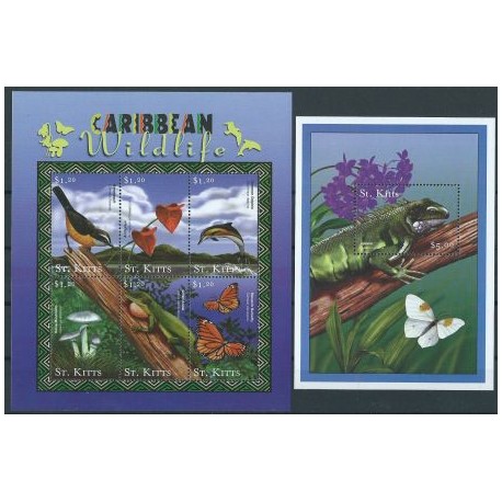St. Kitts - Nr 547 - 52 Bl 24 2001r - Ptak - Gady - Motyle
