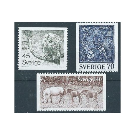 Szwecja - Nr 991 - 93 1977r - Ptak - Konie - Słania