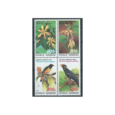 Indonezja - Nr 1493 - 96 1993r - Ptaki - Kwiaty